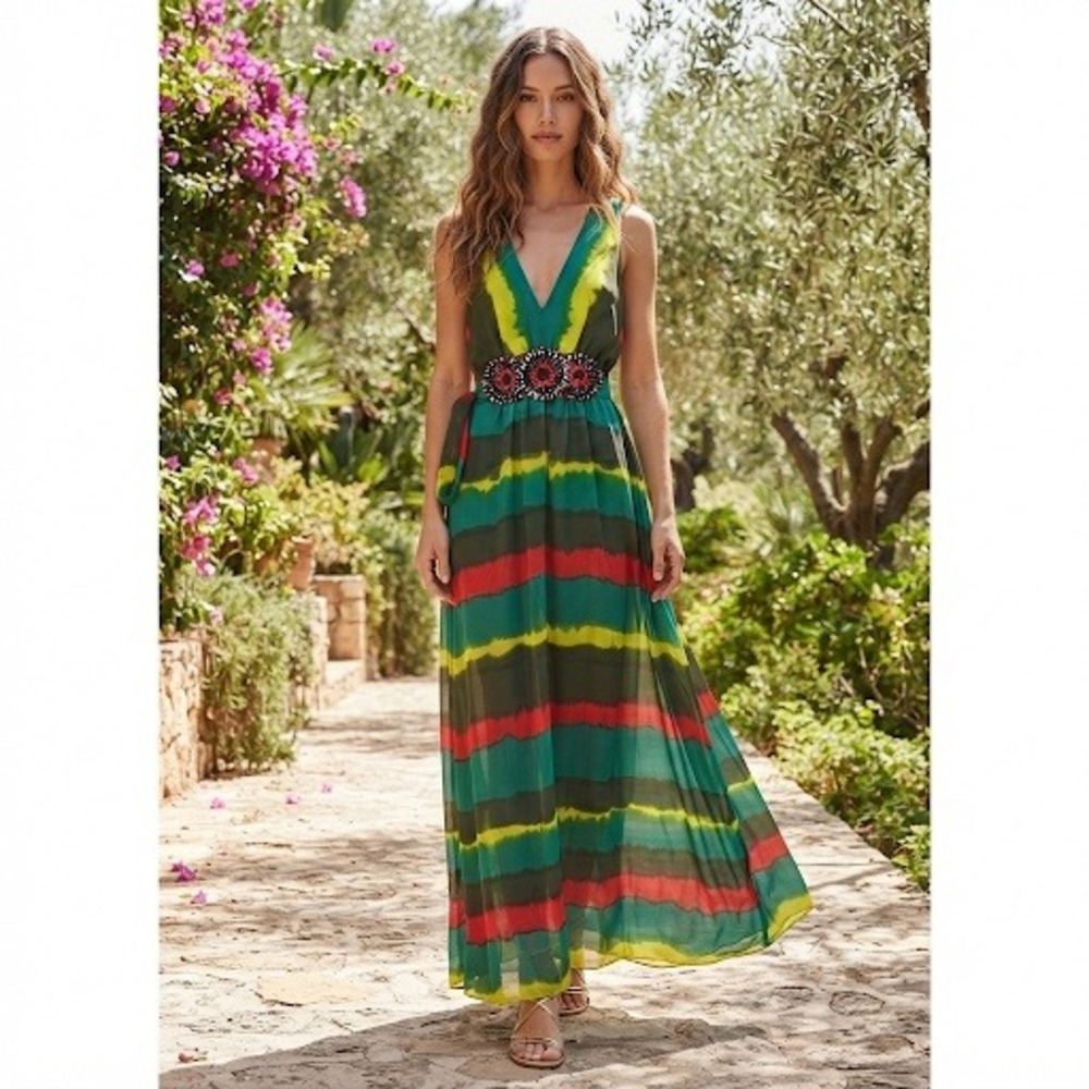 ECI New York Women Green Red Yellow Striped Beaded Waist Maxi Dress Size 4 Y2K